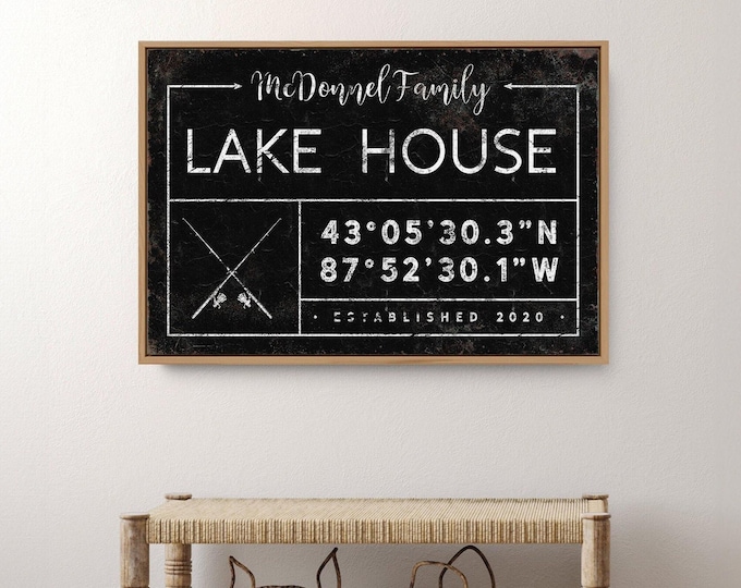 GPS Coordinate Art, Fishing Lake House Sign, Black White Family Name Plaque