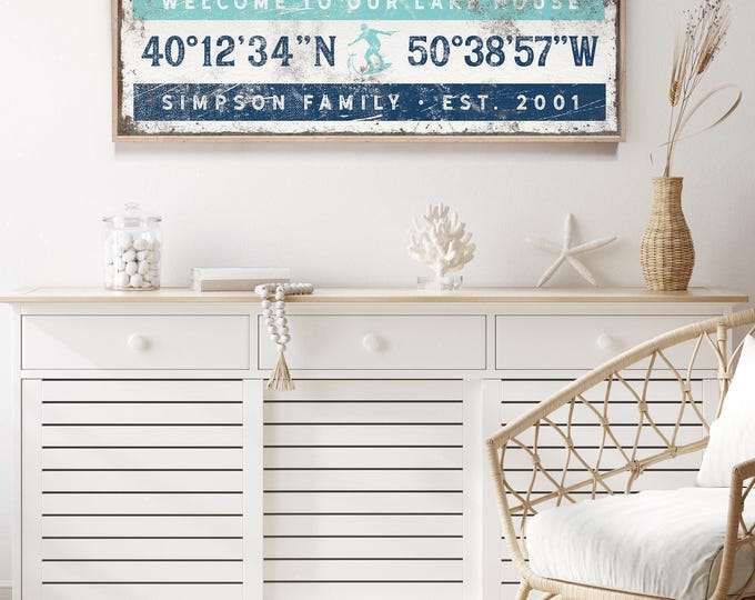 Personalized Lake House Coordinates Sign: Vintage GPS Wall Art