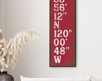 Coordinates typography sign, vertical wall art in dark red with your latitude
