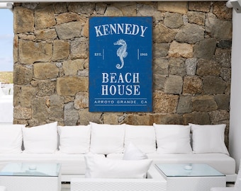 Rustic Beach Sign, Custom Family Name and Seahorse Navy Wall Art, Coastal Housewarming Gift