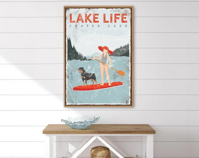 Custom Lake Sign, Vintage Lake Life, Red Wall Art Canvas, Paddleboard Water Sport Print, Rottweiler Dog Illustration {vpl}