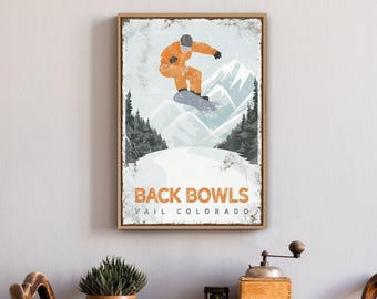 Cabin Wall Decor, Back Bowls Vail Colorado Snowboard Sign in Orange, Vintage Winter Sports Art