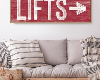 Vintage Ski Lifts Sign: Dark Red, Faux Weathered Wood
