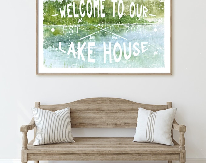 Welcome Sign Lake House Sign, Custom Watercolor Oars Art, Green And Teal Blue Wall Decor