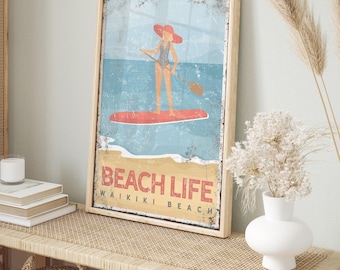 Paddleboard Beach Sign, Retro Coastal Wall Art, Personalized Beach House Decor