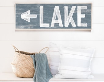 Dusty Blue Lake Sign - Customizable Arrow, Rustic Wall Decor