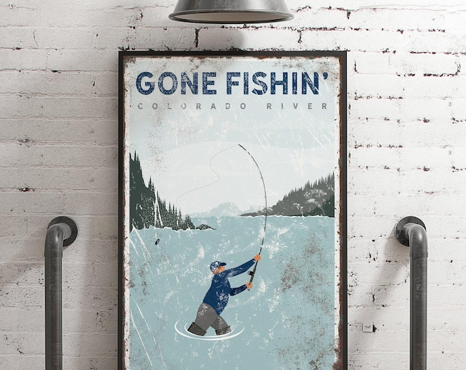Nature Lake Decor Custom Fly Fishing Scene With Your River Name In Navy And Green