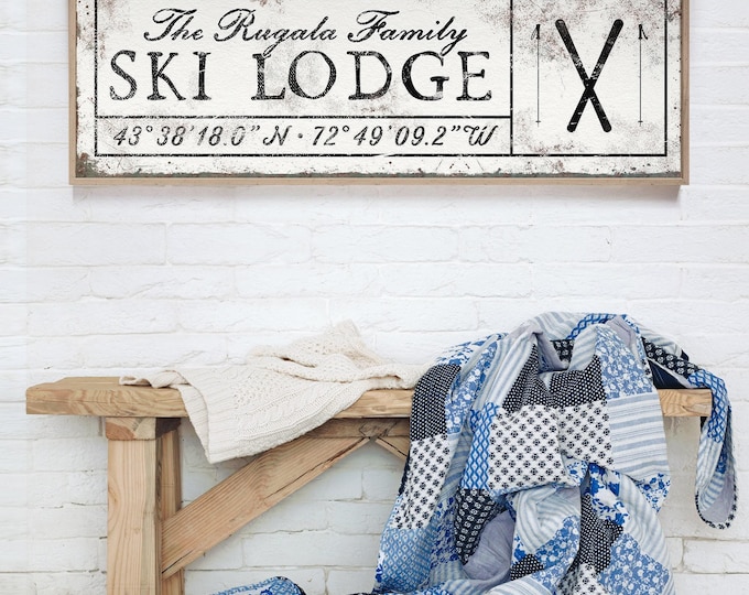 Ski Lodge Coordinates Sign, Crossed Skis and Custom Family Name