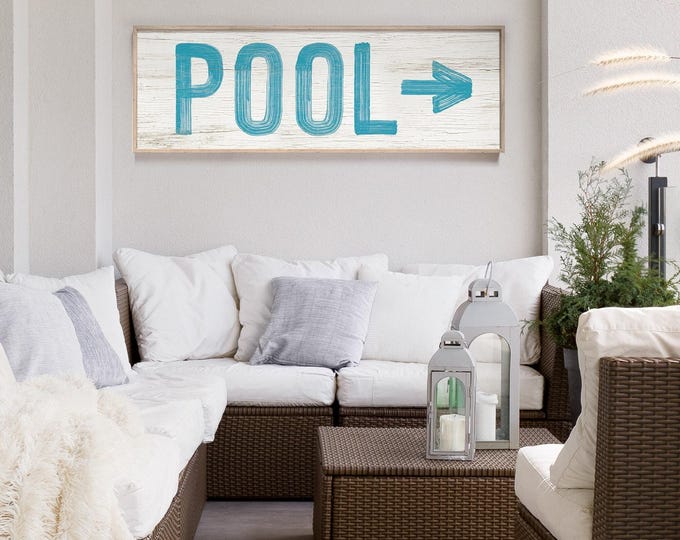 Poolside Art: Vintage Pool Wall Sign - Duck Blue with Right Arrow