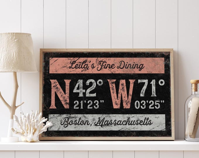 Cream Letter Sign With Coordinates, Custom Name and City on Black