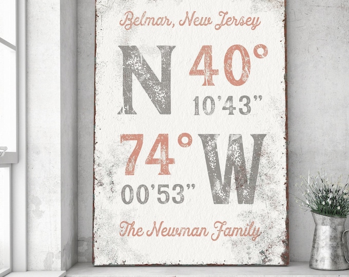 Personalized Coordinates Sign: Custom Last Name, Pink & Gray Art