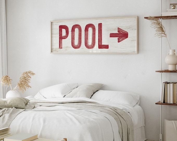 Vintage Pool Arrow Sign: Rustic Red and White Wall Decor