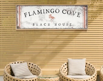 Coral Beach Sign, Flamingo Cove Personalized Beach House Wall Art, Cream Long Canvas Print
