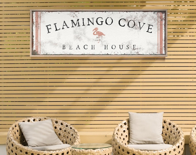 Coral Beach Sign, Flamingo Cove Personalized Beach House Wall Art, Cream Long Canvas Print
