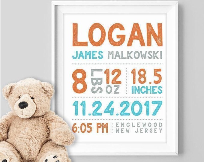 Custom typographic sign for baby name, weight, length and birth details nursery gift