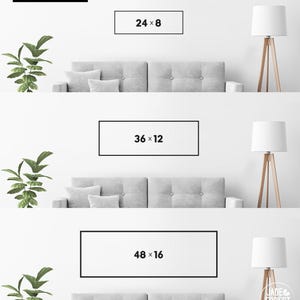 Panoramic size guide marking 24x8, 36x12 and 48x16 horizontal frames above a five foot grey loveseat on a white wall, with a plant and floor lamp.