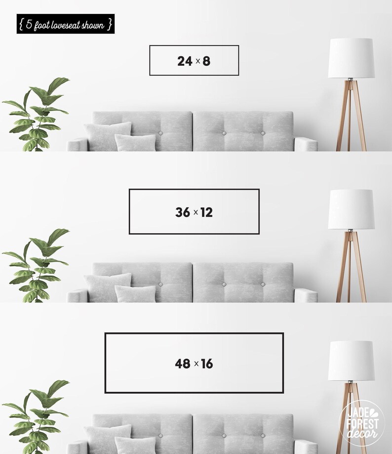 Panoramic size guide marking 24x8, 36x12 and 48x16 horizontal frames above a five foot grey loveseat on a white wall, with a plant and floor lamp.