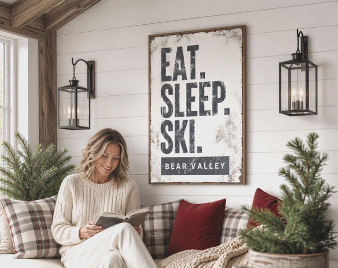 Eat. Sleep. Ski. Sign, Ski Lodge Wall Art, Charcoal Mountain Cabin Decor
