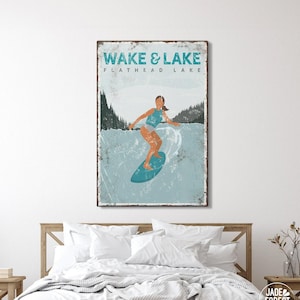 1970er Jahre WAKE & LAKE Schild für über dem Bett &gt; Surfer Geschenk für Sie, Surfer Surfer selbstbedruckt, Flathead Lake Hausdekor {vpl}