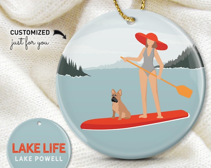 Paddle Lake Sign, Personalized Paddleboard Dog Ornament, Custom Red Lake Gift