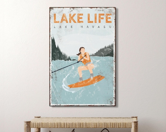 Wall Art Lake House Wakeboard Sign, Custom Lake Name Print, Lake Havasu Gift for Water Skiers