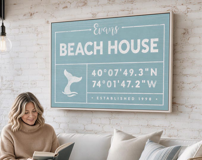 blue BEACH HOUSE sign, personalized last name canvas for beachhouse, custom GPS location, vintage boho decor, nautical wall art {gdo}