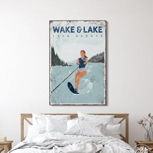 vintage WAKE & LAKE sign &gt; personalized water skiing poster for lake house decor, slalom water ski gift for her, navy vintage lake art {vpl}