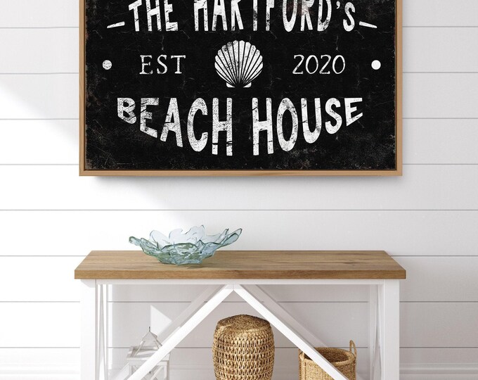 Family Beach House Sign, Vintage Seashell Design (Custom Name & Year)