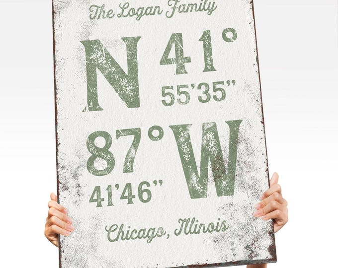 Coordinates Wall Art: Custom Family Name - Rustic Green Farmhouse Decor
