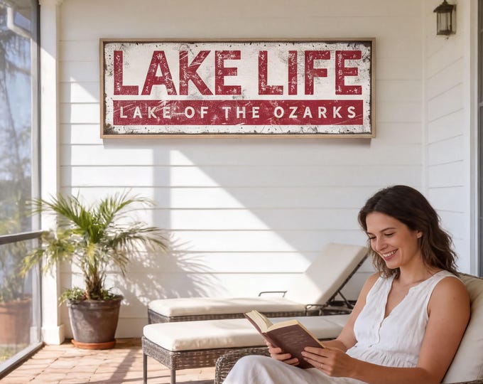 Red Lake Art Sign, Red And Cream, Custom Lake Of The Ozarks Wall Art