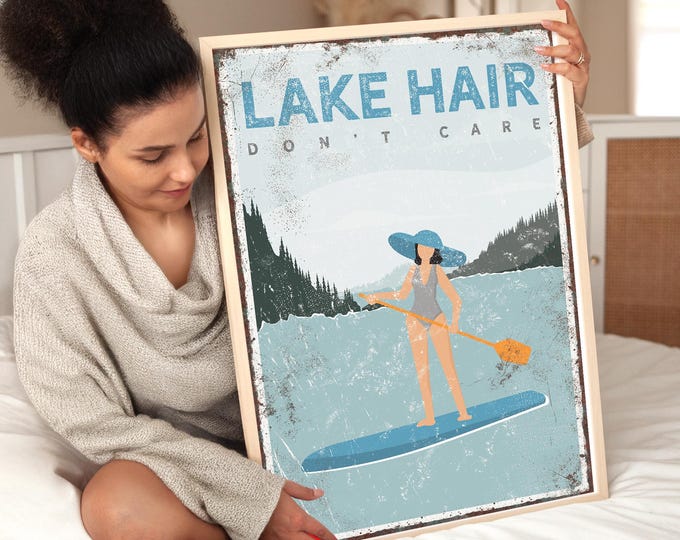 Cerulean Blue Lake Hair Sign, Custom Sports Poster, Vintage Lake House Decor, Rustic Maple Frame Canvas, Personalized Paddleboard Gift {VPL}