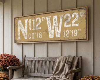 Large typographic sign of your latitude and longitude, saffron and white art