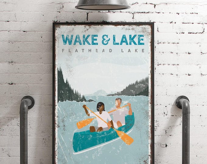 Canoe Couple Lake Sign, Custom Lake Name Wall Art, Teal Vintage Lake House Decor Gift