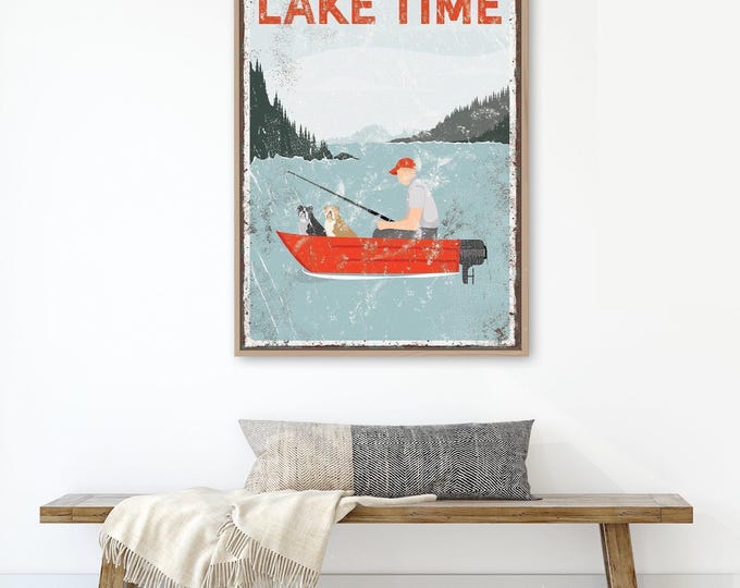 Red Lake Art, Living On Lake Time Sign, Custom Fishing Lake House Decor For Dad