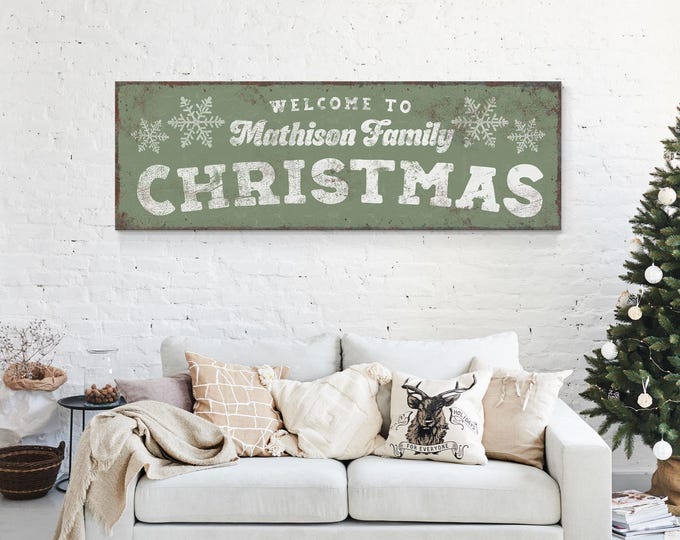 Holiday Wall Sign, Vintage Metal, Sage Green (Personalized Family Name)