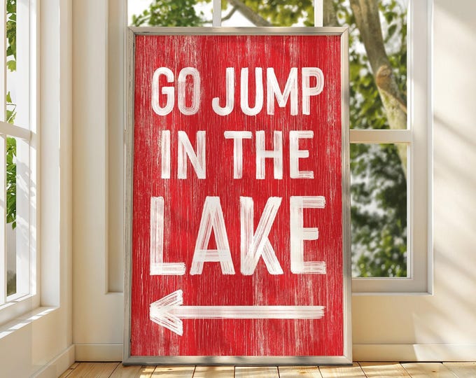 Go Jump In The Lake Arrow Sign, Red Lake House Wall Art, Vintage Lake Cottage Decor