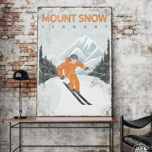 Custom MOUNT SNOW poster • Orange Vermont ski mountain wall art • Vintage travel art canvas • Ski gift for boyfriend • Ski house decor {vpw}