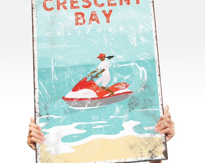 personalized beach house decor > vintage wall art canvas with jetskiing for nautical beachhouse decor, custom jetski art print sign {vpb}
