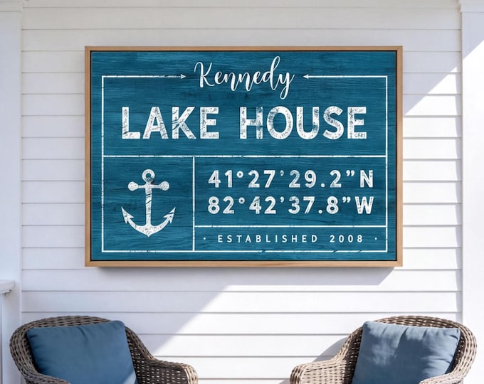 Lake Coordinates Art, Navy Blue White Nautical Anchor Plaque, Custom Family Name Sign