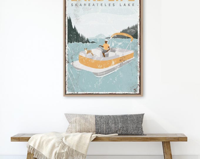 Skaneateles Lake Sign Custom Dog Print, Boston Terrier Decor, Yellow Accent Rustic Art, Lake House Gift, Aluminum Boat Wall Decor {VPL}