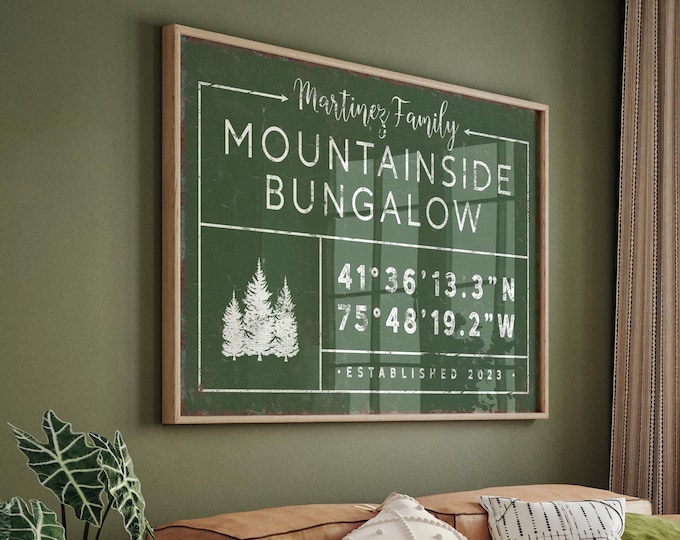 Custom Mountain Lodge Sign: Family Name & GPS Coordinates