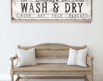 personalized WASH & DRY sign • custom laundry room decor • antique white farmhouse decor • vintage wall art gift {svw}