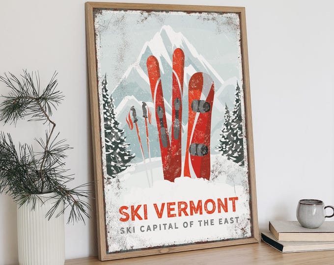 Ski Capital Of The East Sign, Red Skis and Snowboard Wall Art, Ski Lodge Decor