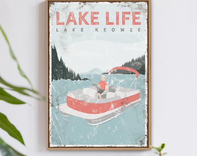 Vintage Lake Wall Art: Personalized Pontoon Boat Print (Custom Colors)