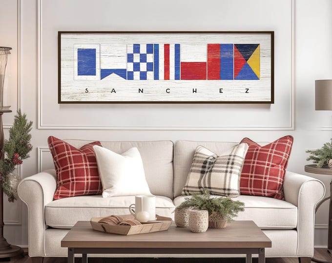 Sailing Flags Custom Sign, Navy Red Yellow Colors, Personalized With Your Family Name