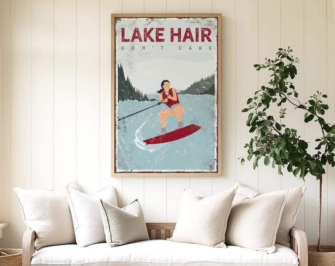 Red Lake Art Wall Decor, Waterski Woman On A Lake, Vintage Retirement Lake Gift