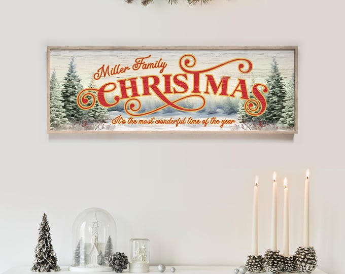 Personalized Family Christmas Sign, Winter Landscape on Faux Wood, Lightweight Canvas Material, Framed or Unframed, Christmas Gift for Her