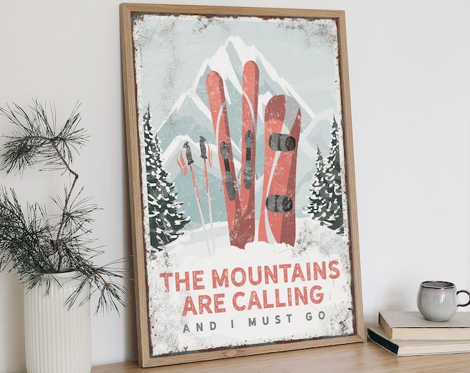 Vintage Ski Poster - Coral Skis and Snowboard, Mountain Decor