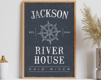 Vintage River House Sign: Personalized Farmhouse Decor with Ship Wheel