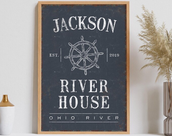 Vintage River House Sign: Personalized Farmhouse Decor with Ship Wheel